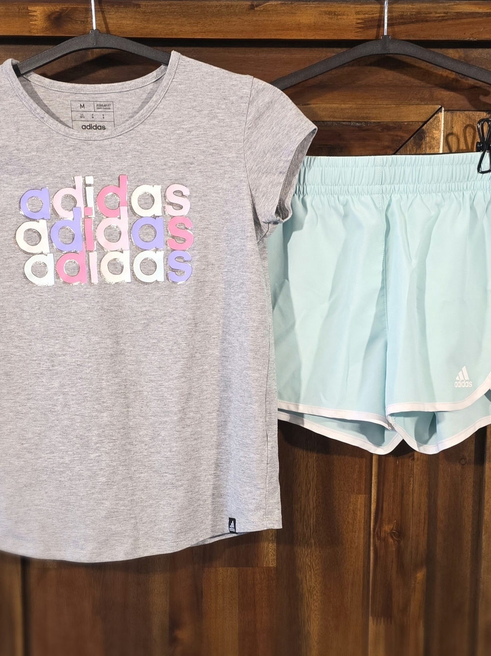 adidas Girls 2-Piece Set - Gray Tee With Pastel Logo and Aqua Athletic Shorts